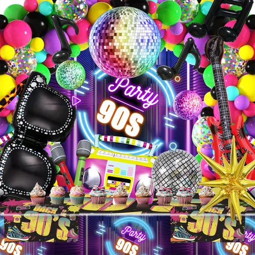 Vista 8 de JOGAMS Decoraciones de fiesta de los 80 y 90 165 piezas Globos con guitarra inflable retro, micrófono, anteojos, nota musical, globos de bola