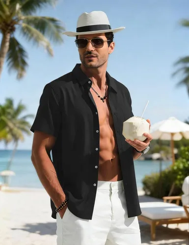 Vista 3 de Camisa de manga corta con botones para hombre, casual, transpirable, para verano, playa, con bolsillo