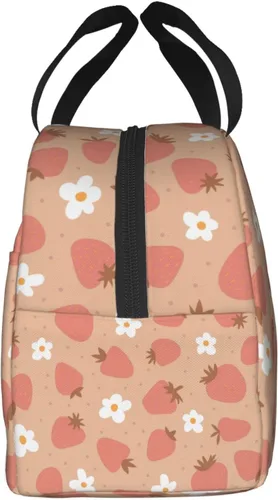 Vista 3 de Bolsa de almuerzo con aislamiento de fresas y flores, bolsa reutilizable para el regreso a clases, contenedor portátil para niños y niñas, cajas