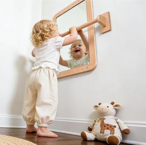 Vista 4 de Montessori Baby Espejo de seguridad inastillable 2 en 1 con barra de dominadas, montaje en pared infantil y juego en el suelo para el tiempo boca