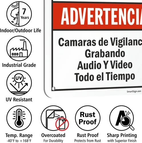 Vista 8 de SmartSign Paquete de 2 señales "Advertencia: Vigilancia de Audio y Video en Servicio en Todo Momento" Bilingüe - 7" x 10", Aluminio Metalizado