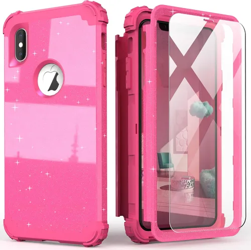 Vista 22 de IDweel Funda para iPhone Xs Max con protector de pantalla de vidrio templado, absorción de golpes 3 en 1, protección resistente, cubierta de Negro