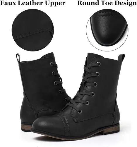 Vista 2 de katliu Botas de combate para mujer con cordones estilo militar con cremallera lateral puntera redonda
