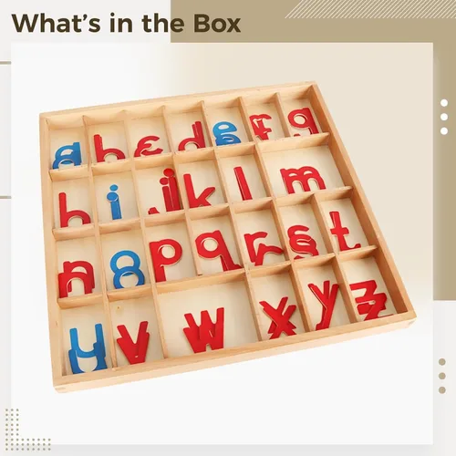 Vista 7 de Bosreroy Moveable Alphabet, Wooden Alphabets with Box and Blanket, for Early Education, Small Cursive Letters, 13.6 X 13.0 X 1 in Set