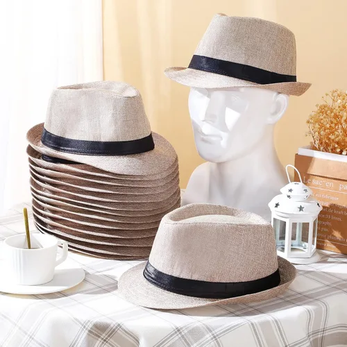 Vista 6 de 16 sombreros Fedora de los años 20 a granel para hombres, sombreros de ala corta para hombres y mujeres, disfraz de fiesta, circunferencia de 23.6 in