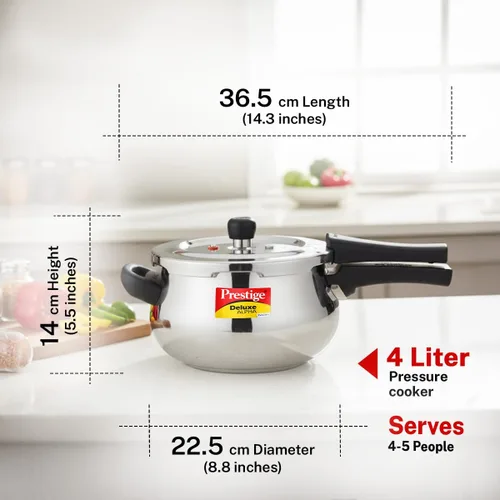 Vista 3 de Prestige Deluxe Alpha Svachh - Olla a presión de acero inoxidable con base Alpha y tapa profunda para control de derrames, (4.0 L Junior Handi)