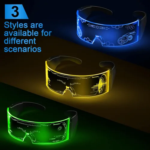 Vista 5 de 3 pares de gafas LED con visera de 7 colores LED futuristas cibernéticas y 5 modos recargables transparentes brillantes luminosas para niños adultos