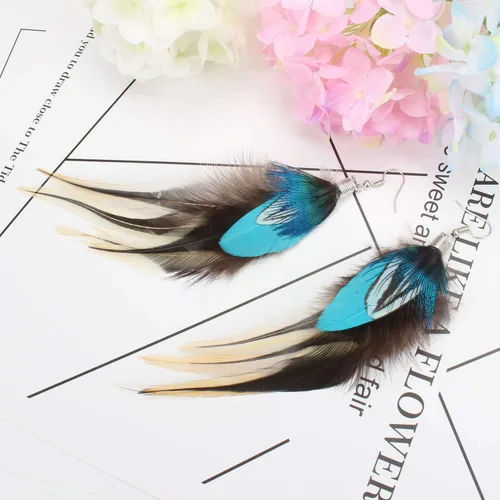 Vista 3 de Native Feather - Aretes colgantes para mujer, diseño bohemio de pavo real largo