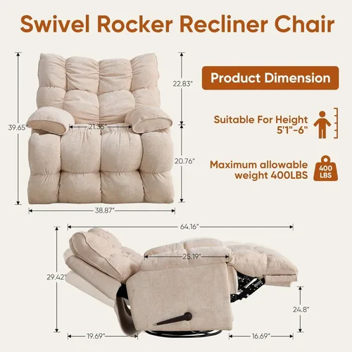 Vista 2 de Silla reclinable giratoria de gran tamaño, reclinable mecedora extra ancha Beige