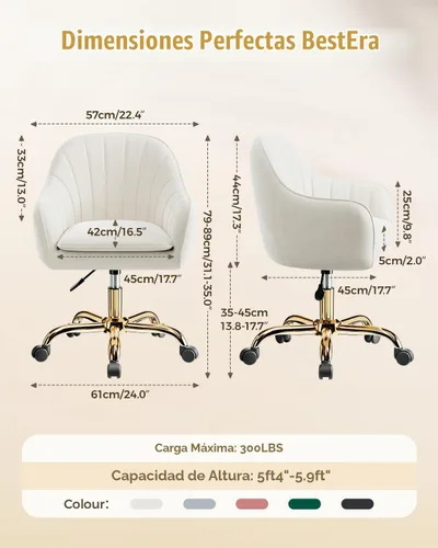Vista 3 de Silla de tocador con ruedas, silla de oficina en casa chapada en titanio dorado, 300 libras, moderna silla giratoria de terciopelo para maquillaje