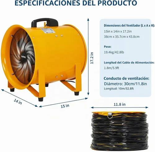 Vista 2 de Ventilador de aire de 12 pulgadas, ventilador de escape industrial resistente de 3500 CFM con conducto flexible de 32.8 pies, ventilador de escape