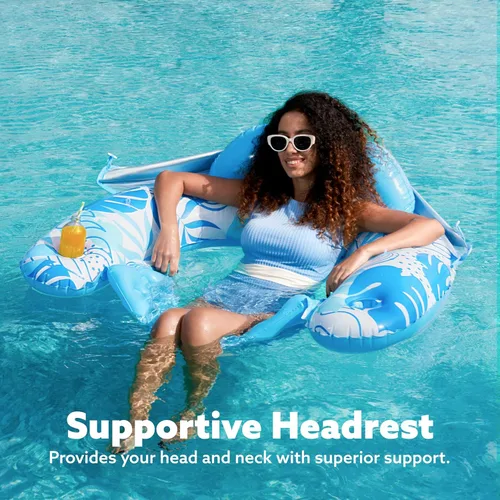 Vista 4 de SLOOSH Flotadores de piscina con dosel para adultos, sillas de piscina inflables XL con portavasos, silla flotante para adultos, flotadores