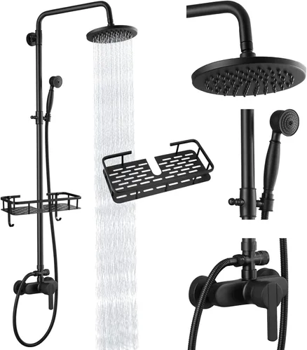 Vista 10 de Heyalan Sistema de ducha de tubo expuesto de latón antiguo de 8 pulgadas, juego combinado de cabezal de ducha de lluvia de 8 pulgadas, mango único