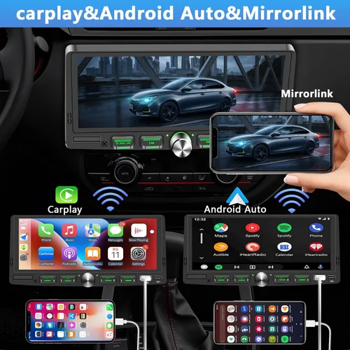 Vista 4 de Radio de pantalla táctil de un solo DIN con Apple CarPlay inalámbrico y Android Auto, estéreo de coche IPS de 6.9 pulgadas con Bluetooth, Mirror