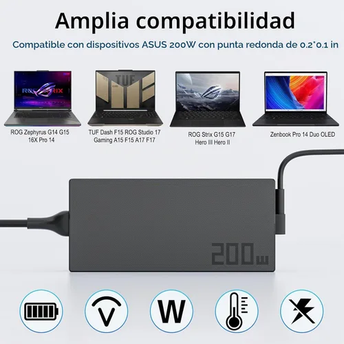 Vista 5 de Cargador de portátil para juegos de 200 W para ASUS ROG TUF Zephyrus Carga rápida Potencia estable Control de temperatura inteligente 20 V 10