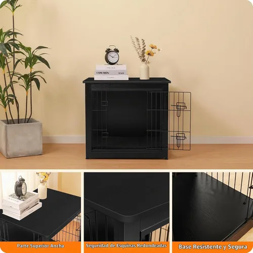 Vista 6 de DWANTON - Perrera con cojín, de madera, con puertas dobles, para interiores, S, M, L, 27.2 pulgadas de largo, negro Small Wooden Kennel Table