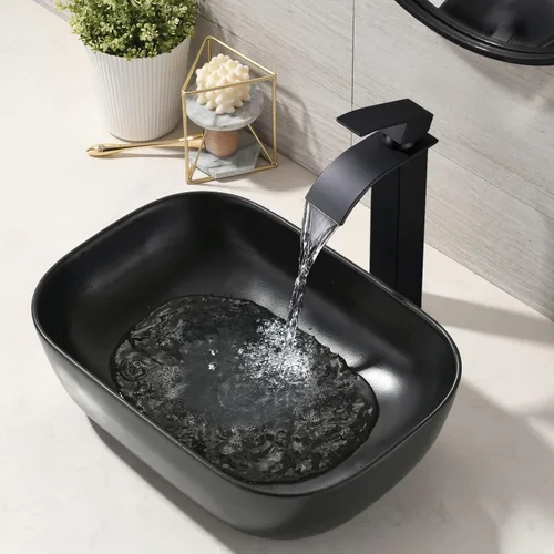 Vista 4 de Fregadero de Recipiente Negro Rectangular, 45,7x33 cm Encimera de Cerámica de Porcelana para Baño con Combo de Grifo y Drenaje