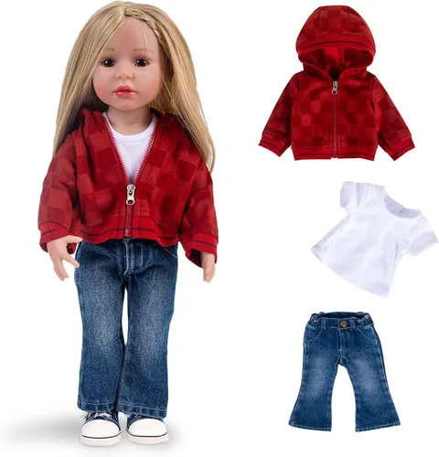Vista 9 de Rakki Dolli Conjunto de ropa de muñeca de 3 piezas, abrigo marrón, jeans azules y camiseta blanca para muñeca de bebé (sin muñeca y zapatos)