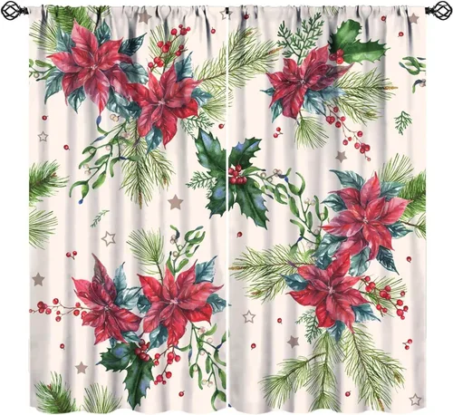 Vista 9 de Cortinas de Navidad de gnomo, bolas de árbol de Navidad, luces, regalos, decoración de tablones para sala de estar, dormitorio, bolsillo para barra