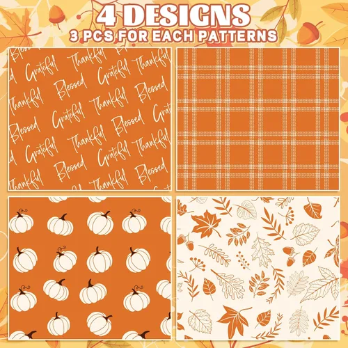 Vista 3 de Whaline 12 hojas de papel de regalo de otoño, hojas de otoño, calabaza, cuadros, papel de regalo de 4 estilos, color naranja y blanco, papel