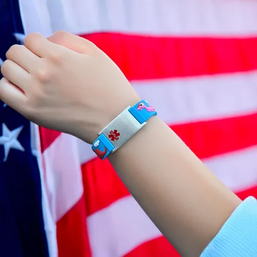 Vista 4 de LinnaLove Medical Alert ID Bracelet – Custom or Pre-Engraved, QR Code Available,Blue Dinosaur Band