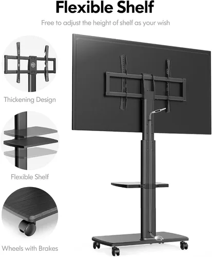 Vista 5 de FITUEYES - Soporte de TV móvil con ruedas para pantalla plana de 32 a 75 pulgadas, soporte de TV alto con soporte giratorio para dormitorio, al aire