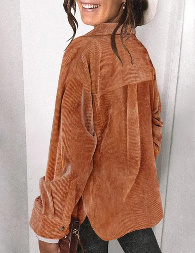 Vista 5 de Saslax Camisa de pana para mujer, de manga larga, con botones, cuello en V, holgada, chaqueta