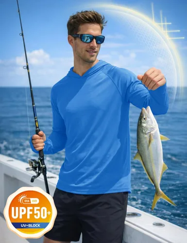 Vista 3 de KEFITEVD Sudadera con capucha de manga larga para hombre con protección solar UPF 50+ SPF de secado rápido Azur
