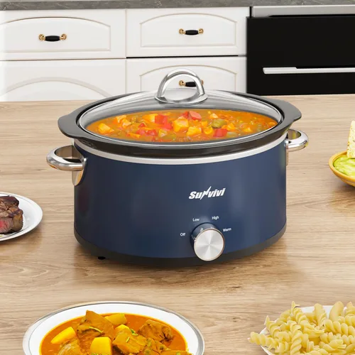 Vista 6 de Olla de cocción lenta de 3QT, olla pequeña con 3 ajustes de calentamiento y olla de cerámica extraíble, mini calentador de alimentos con tapa de Azul