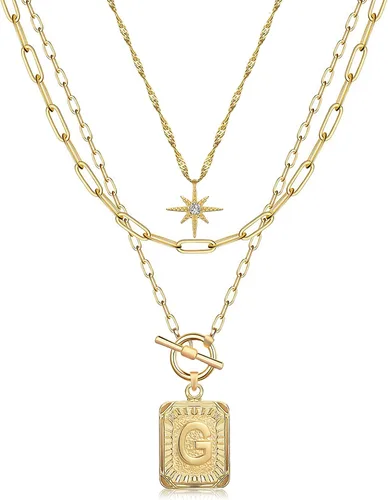 Vista 50 de MJartoria Collares con iniciales en capas para mujer, modernos, chapados en oro de 14 quilates, cadena de papel, collar sencillo con dije de Dorado