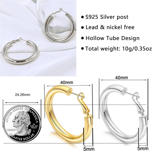 Vista 3 de Aretes de aro de oro grueso, aros ligeros de tubo de aulllow dorados gruesos para mujer, aretes grandes hipoalergénicos de 0.984in, 1.181in