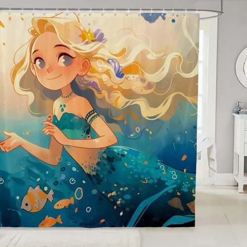 Vista 20 de Homewish Cortina de ducha de sirena azul con diseño de princesa sirena, juego de cortina de ducha para niños y adultos, cortina de baño subacuática