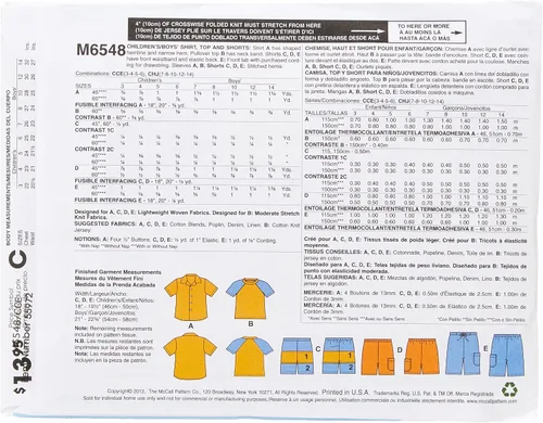 Vista 3 de McCall's Patrones M6548 Camisa infantil/niño, Top y pantalones cortos, Talla CCE (3-4-5-6)