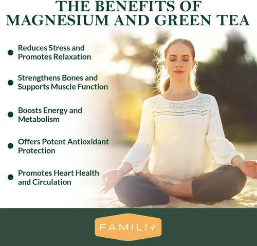 Vista 3 de FAMILI+ Magnesio 400mg Extracto de té verde orgánico 100 mg L-teanina, suplemento de magnesio para músculos, huesos, corazón, alivio del estrés
