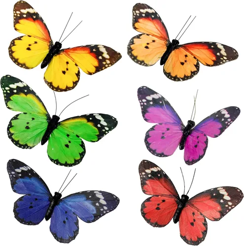 Vista 10 de Juego de 12 decoraciones de mariposa de plumas y mariposas multicolores, mariposas papilio machaon en alambre. Decoración del hogar de primavera