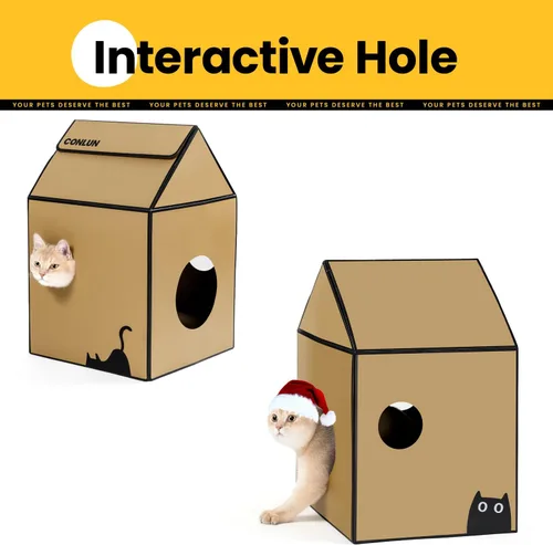 Vista 3 de Conlun Casa de cartón para gatos con almohadilla para rascar y hierba gatera, casa rascador para juegos de gatos para muebles de interior, rascador