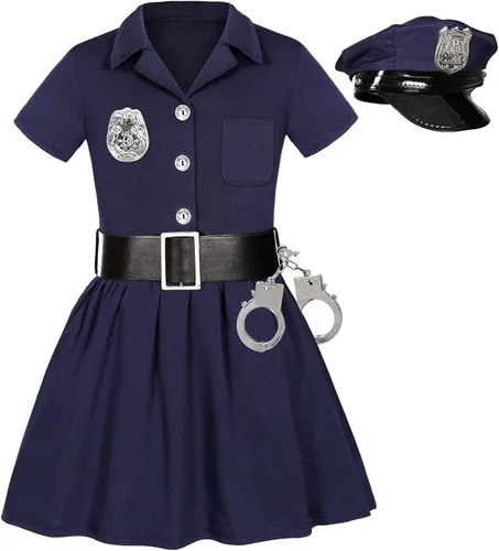 Vista 6 de Police Officer Costume for Girls Kids Halloween Costumes Cop Uniform Outfit Dress Up Set Role Play Badge Handcuffs Hat Toys