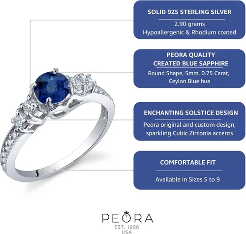 Vista 4 de Peora Anillo de plata de ley 925 con zafiro azul para mujer, diseño de solsticio encantador, 0.75 quilates, redondo, 0.197in, tamaños 5 a 9, Metal