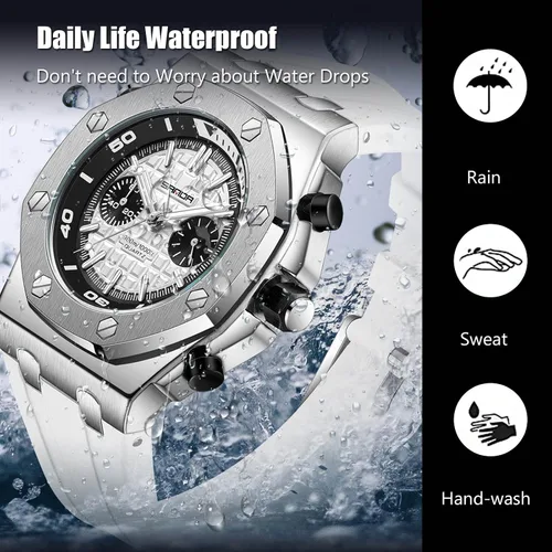 Vista 6 de RORIOS Relojes de moda para hombre, relojes analógicos de cuarzo, relojes luminosos para hombres, reloj de pulsera impermeable multifunción, Blanco