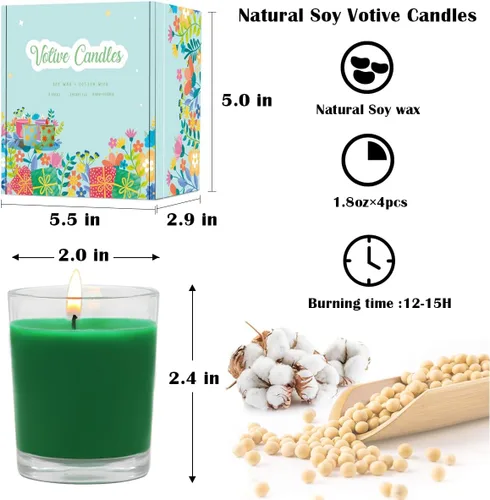 Vista 7 de Juego de 4 velas votivas verdes para Navidad y día de San Patricio, velas de cera de soja sin perfume rellenas de vidrio transparente