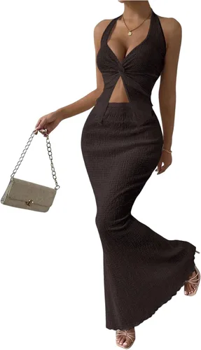 Vista 18 de SOLY HUX - Conjunto de dos piezas de verano para mujer, con parte superior tipo camisola con cuello halter, nudo frontal y falda marrón (Plain Brown)