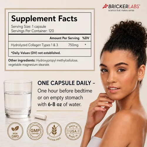 Vista 7 de Bricker Labs Colágeno para hombres y mujeres - Suplemento de colágeno hidrolizado tipo I, III, 750 mg, 1 cápsula de colágeno diaria - 120 porciones
