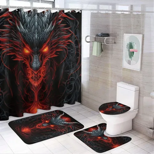 Vista 9 de Juego de 4 cortinas de ducha clásicas de dragón, animales mitológicos, criatura roja fuego, juego de baño con cortina de ducha, alfombra para tapa