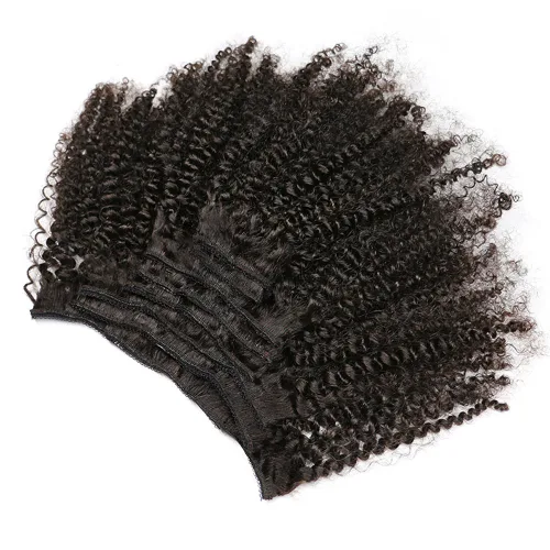 Vista 2 de MEIEM Extensiones de cabello rizado afro 4B 4C con clip, cabello virgen brasileño Remy, color natural, 4.23 onzas, 8 unidades por juego