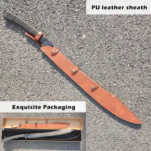Vista 3 de Espada machete de acero al manganeso de espiga completa hecha a mano de 34.6 pulgadas con funda para práctica, uso al aire libre