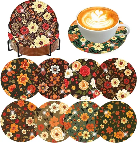 Vista 16 de Meothan Juego de 8 posavasos de arte de diamante para adultos con soporte, almohadillas de corcho, posavasos de arte de puntos de diamante de vidrio