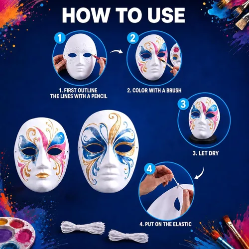 Vista 4 de 60 máscaras de papel maché en blanco blanco DIY máscaras faciales completas