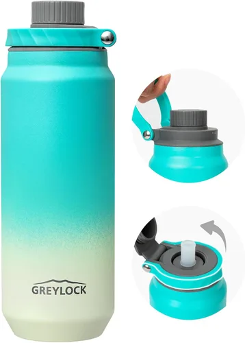 Vista 22 de Greylock Botella de agua aislada de 20 onzas con tapa con pajilla, botellas de agua deportivas reutilizables de acero inoxidable con asa plegable, a