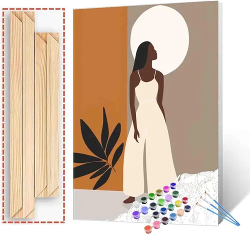 Vista 23 de Pintura de niña afro a la moda, kits de pintura por números, 16 x 20 pulgadas, lienzo de hojas tropicales, pintura al óleo para niños y adultos