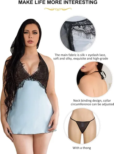 Vista 5 de ohyeah Plus Size Babydoll Lingerie for Women Lace Sleepwear Halter Nightwear V Neck Chemise Satin Silk Nightgowns